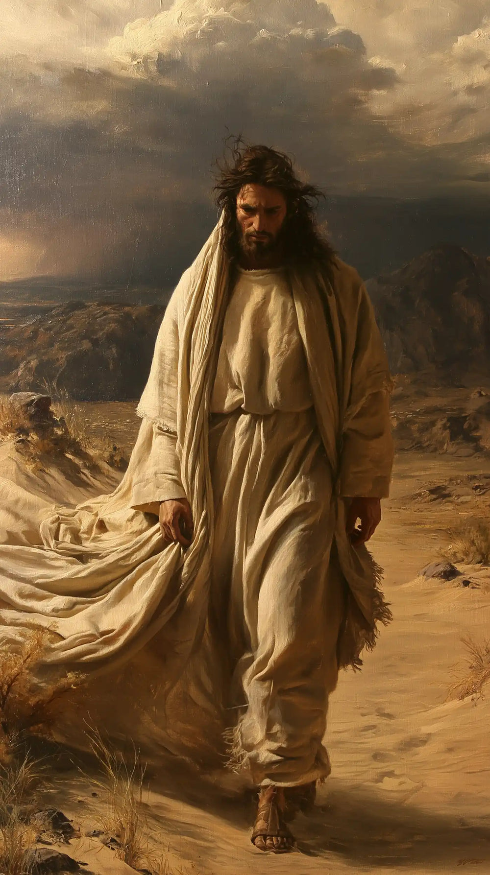 Jesus confronting an inner spiritual struggle in the desert in The Inner Struggle style, portrait Christian artwork no. 13