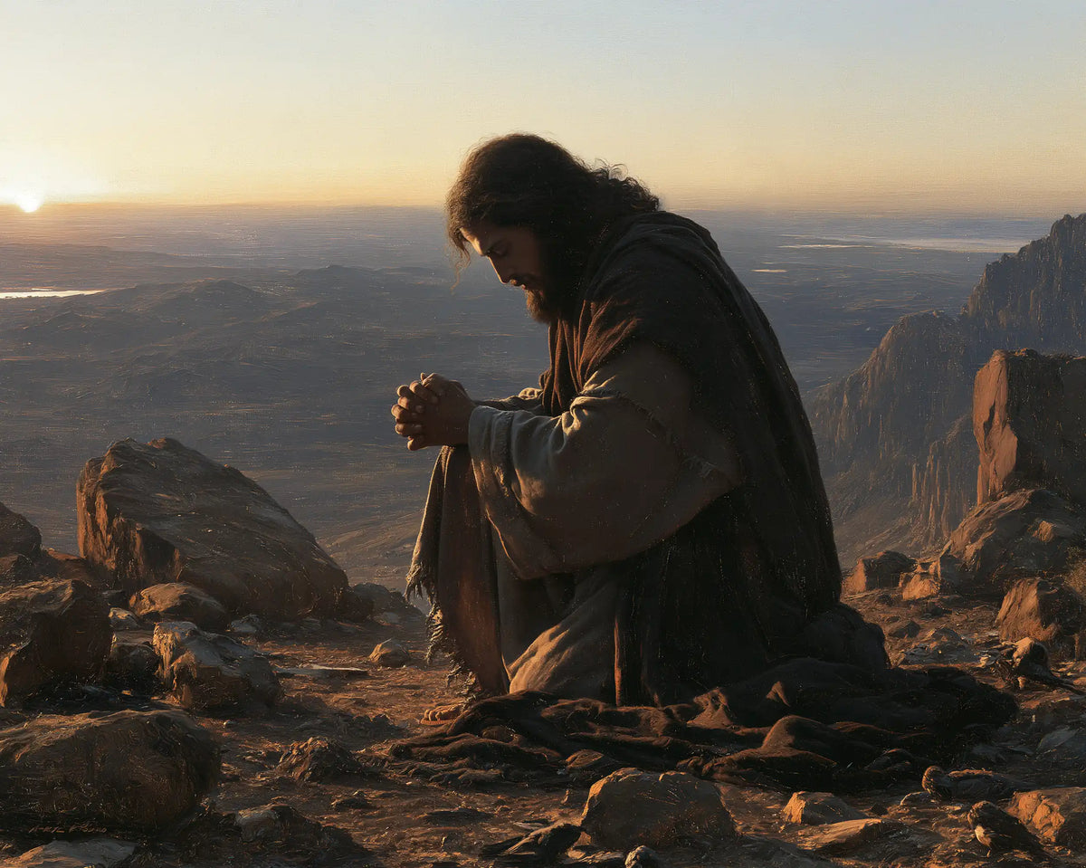 Jesus praying alone in the desert in Jesus in Prayer style, landscape Christian artwork no. 8