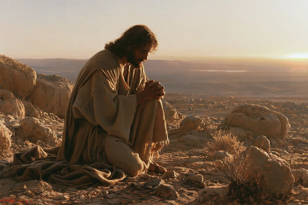 Jesus praying alone in the desert in Jesus in Prayer style, landscape Christian artwork no. 13