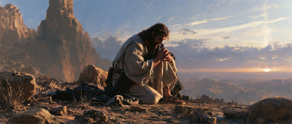 Jesus praying alone in the desert in Jesus in Prayer style, landscape Christian artwork no. 28