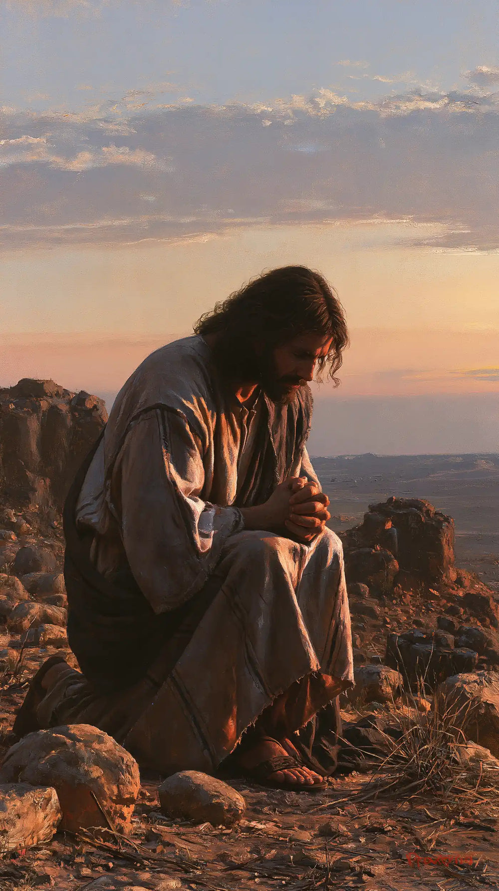 Jesus praying alone in the desert in Jesus in Prayer style, portrait Christian artwork no. 2