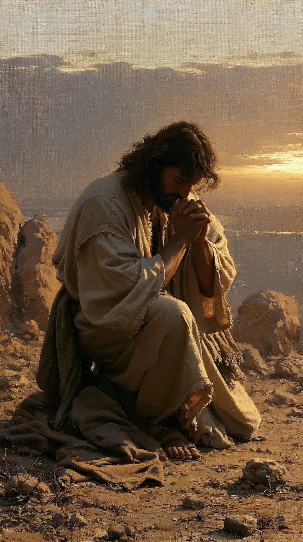 Jesus praying alone in the desert in Jesus in Prayer style, portrait Christian artwork no. 10