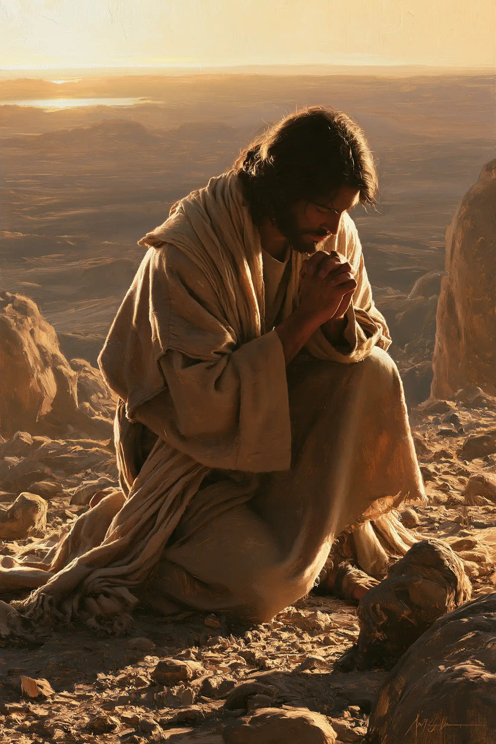 Jesus praying alone in the desert in Jesus in Prayer style, portrait Christian artwork no. 32