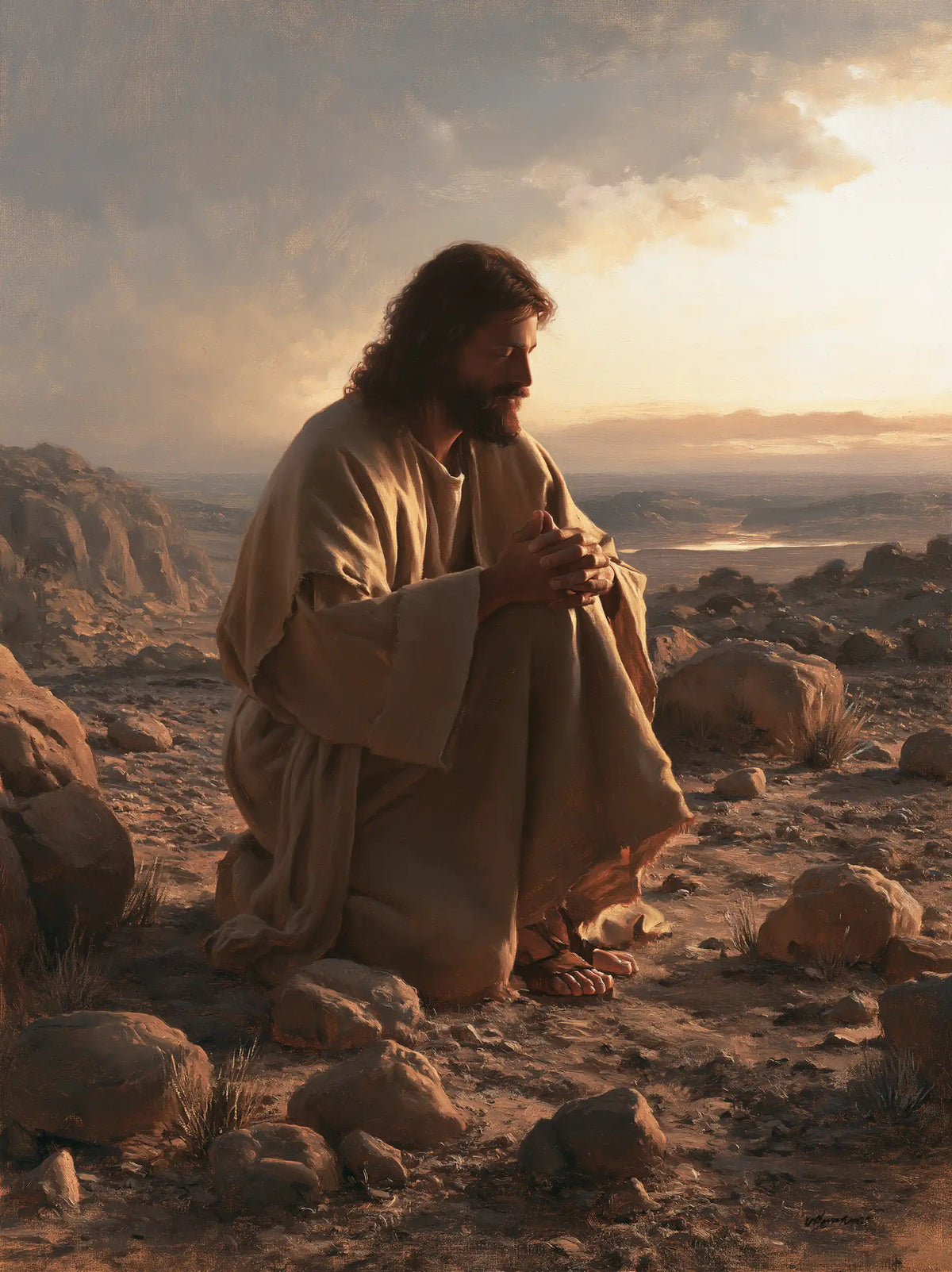 Jesus praying alone in the desert in Jesus in Prayer style, portrait Christian artwork no. 35
