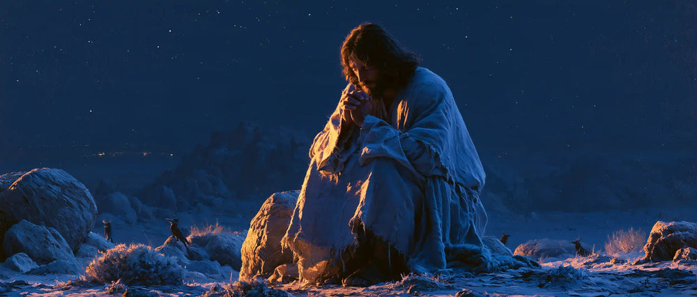 Jesus in the desert during the temptation in Midnight Blue Chiaroscuro style, landscape Christian artwork no. 22