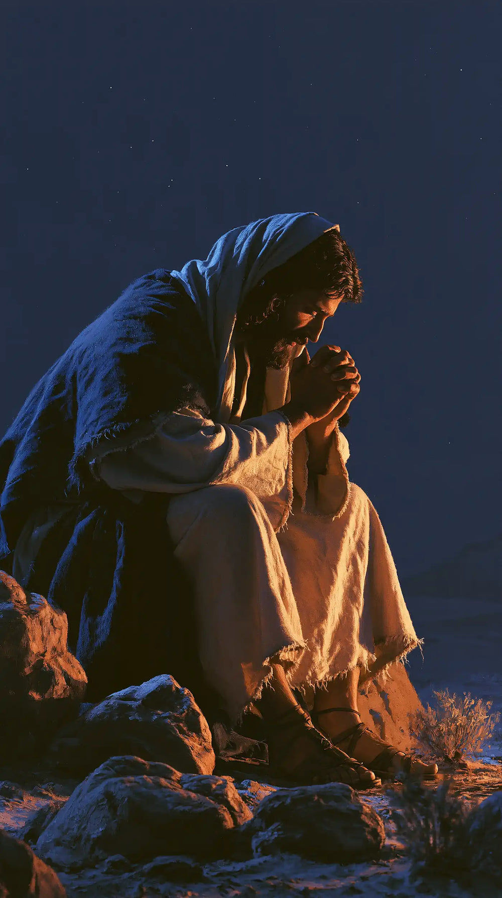 Jesus in the desert during the temptation in Midnight Blue Chiaroscuro style, portrait Christian artwork no. 28