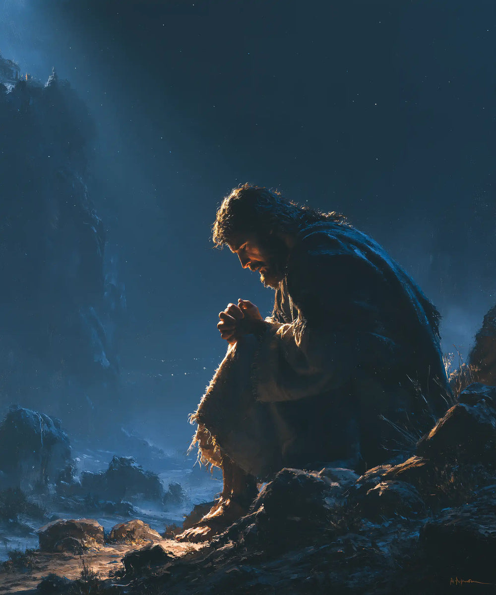 Jesus in the desert during the temptation in Midnight Blue Chiaroscuro style, portrait Christian artwork no. 41
