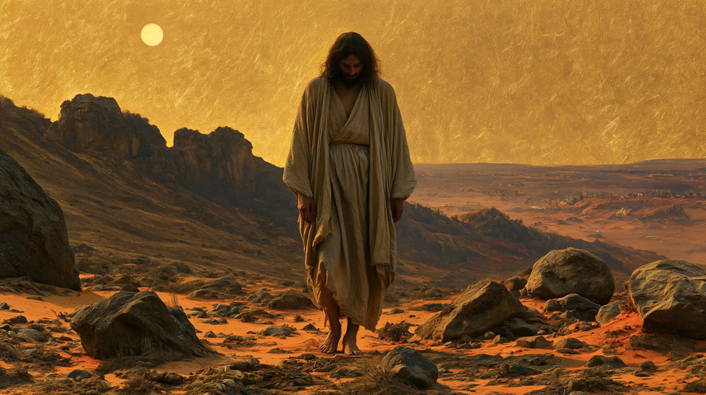 Jesus in the desert during the temptation in Sacred Gold style, landscape Christian artwork no. 11