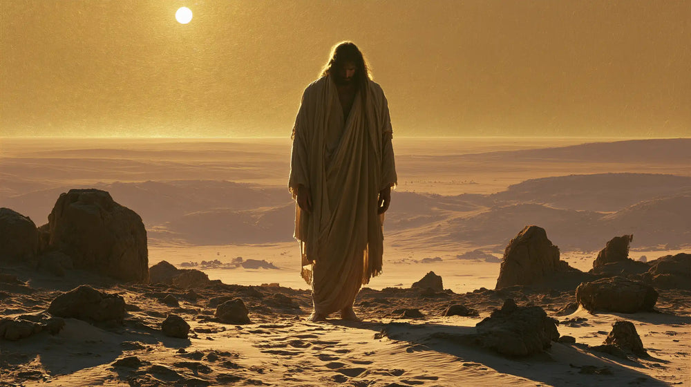 Jesus in the desert during the temptation in Sacred Gold style, landscape Christian artwork no. 14