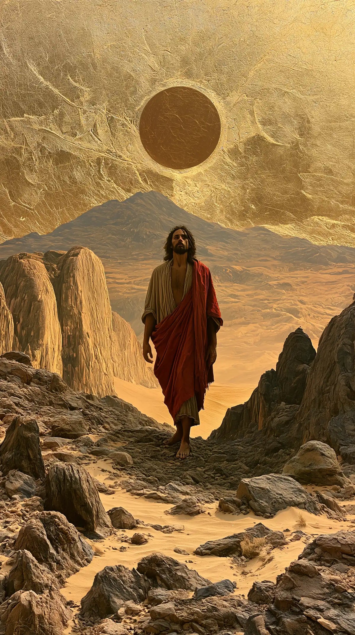 Jesus in the desert during the temptation in Sacred Gold style, portrait Christian artwork no. 4