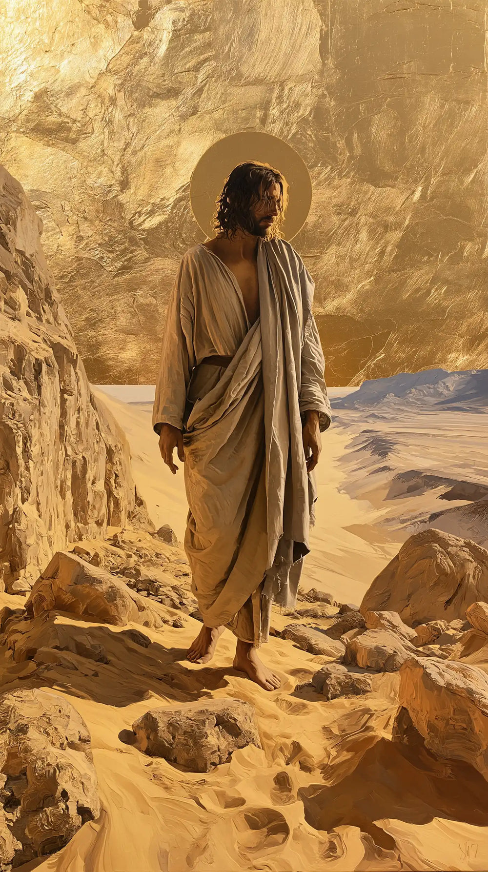 Jesus in the desert during the temptation in Sacred Gold style, portrait Christian artwork no. 7