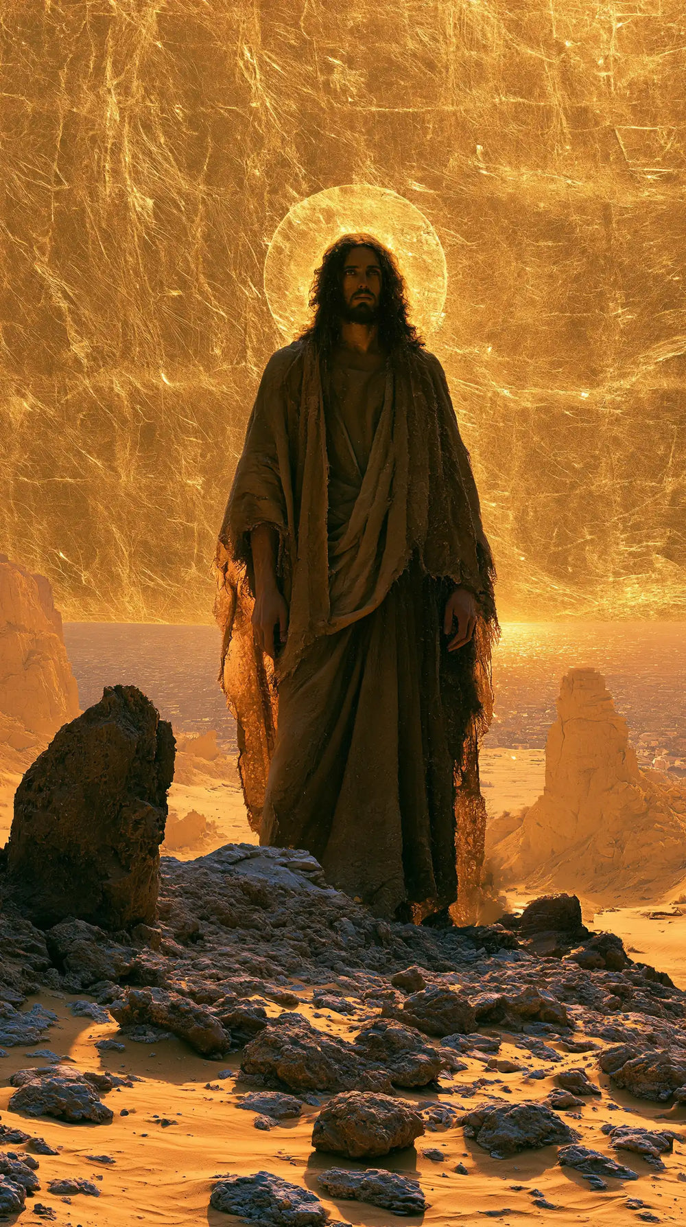 Jesus in the desert during the temptation in Sacred Gold style, portrait Christian artwork no. 16