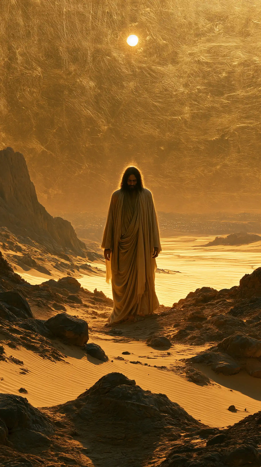Jesus in the desert during the temptation in Sacred Gold style, portrait Christian artwork no. 21