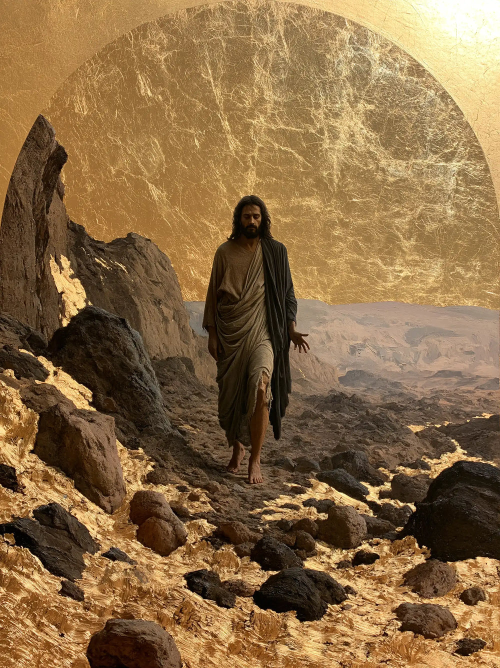 Jesus in the desert during the temptation in Sacred Gold style, portrait Christian artwork no. 23