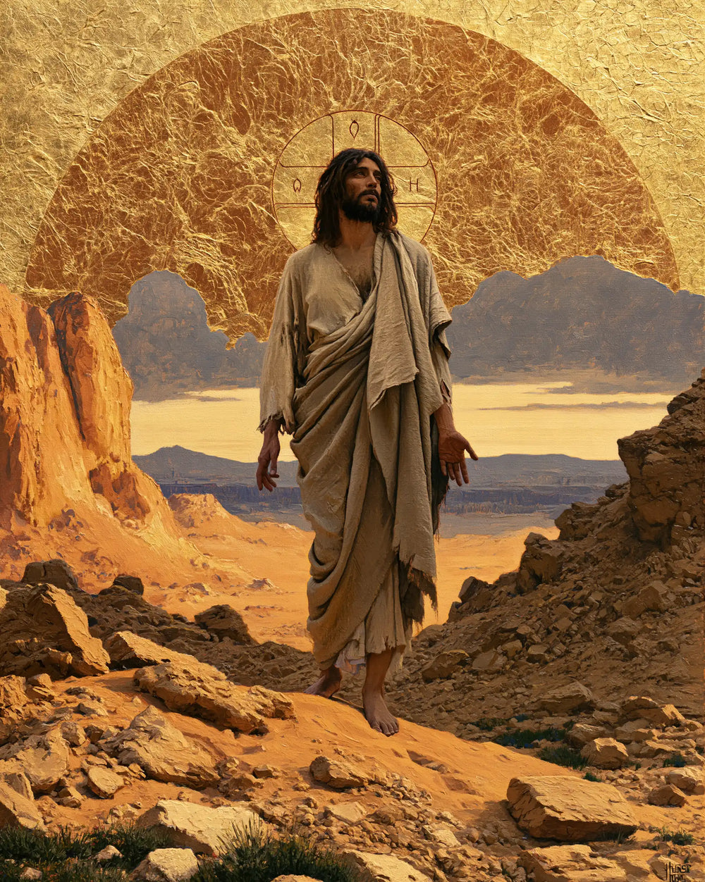 Jesus in the desert during the temptation in Sacred Gold style, portrait Christian artwork no. 27