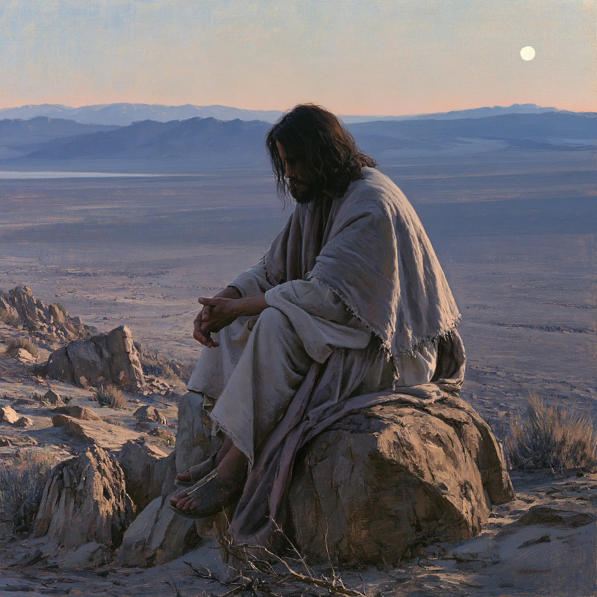 Jesus alone in the silence of the desert in The Silence of the Desert style, square Christian artwork no. 1