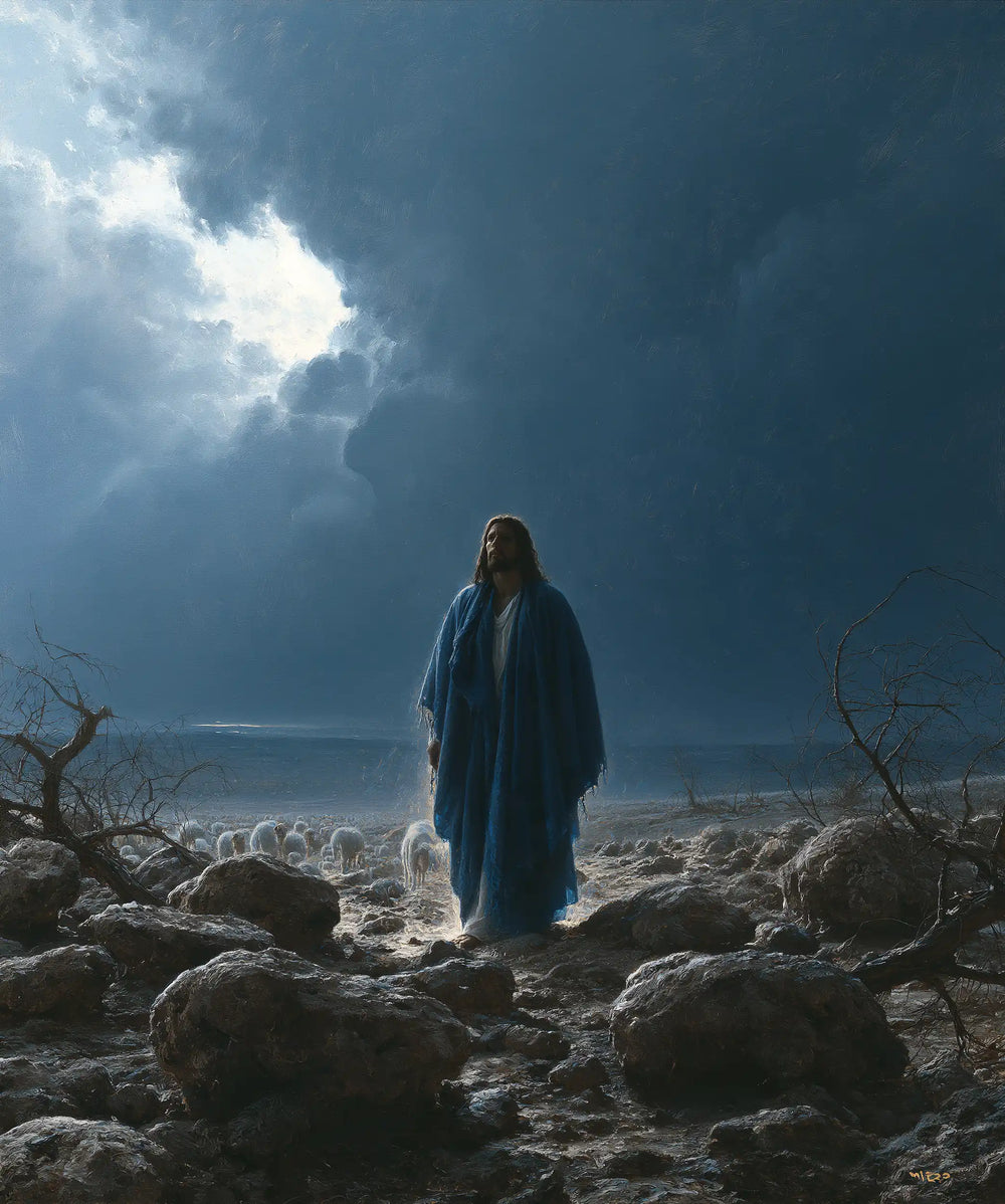 Jesus in the desert during the temptation in Symbolist style, portrait Christian artwork no. 37