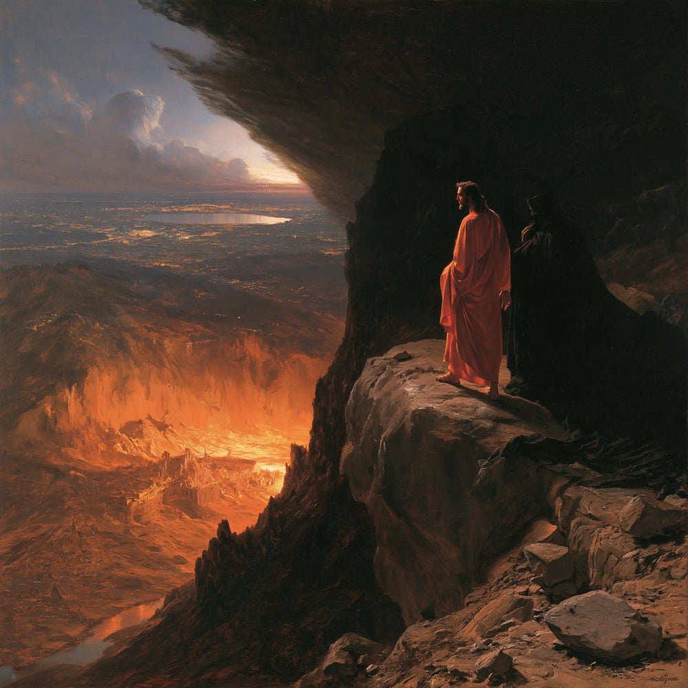 Jesus resisting the temptation of the kingdoms of the world in The Temptation of the Kingdoms style, square Christian artwork no. 1