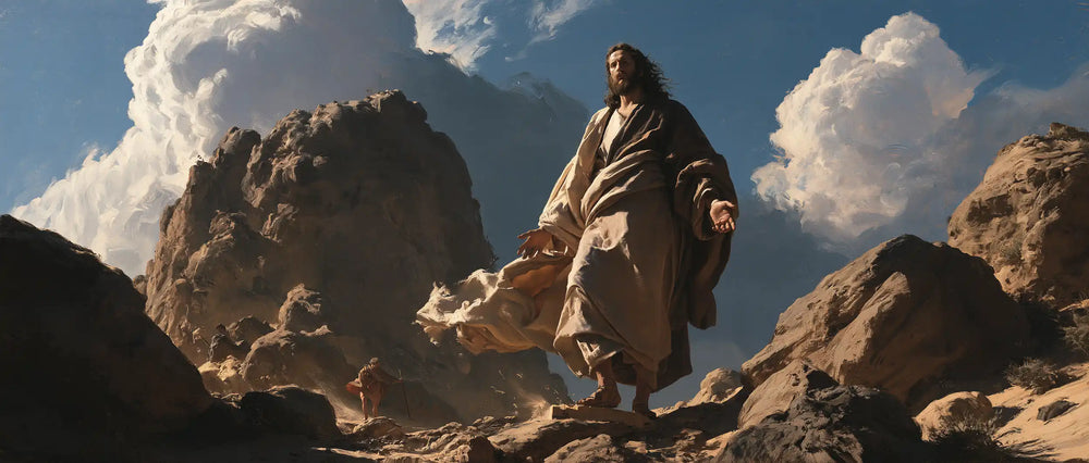 Jesus in the desert during the temptation in Theatrical Baroque style, landscape Christian artwork no. 25
