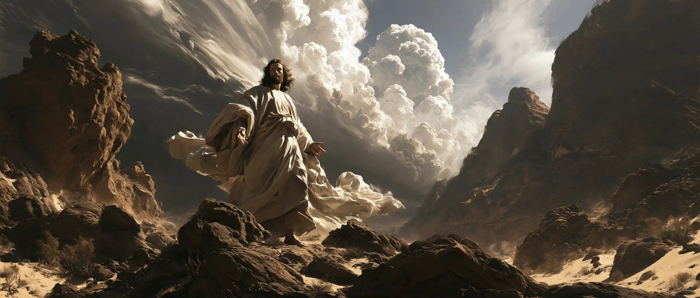 Jesus in the desert during the temptation in Theatrical Baroque style, landscape Christian artwork no. 27