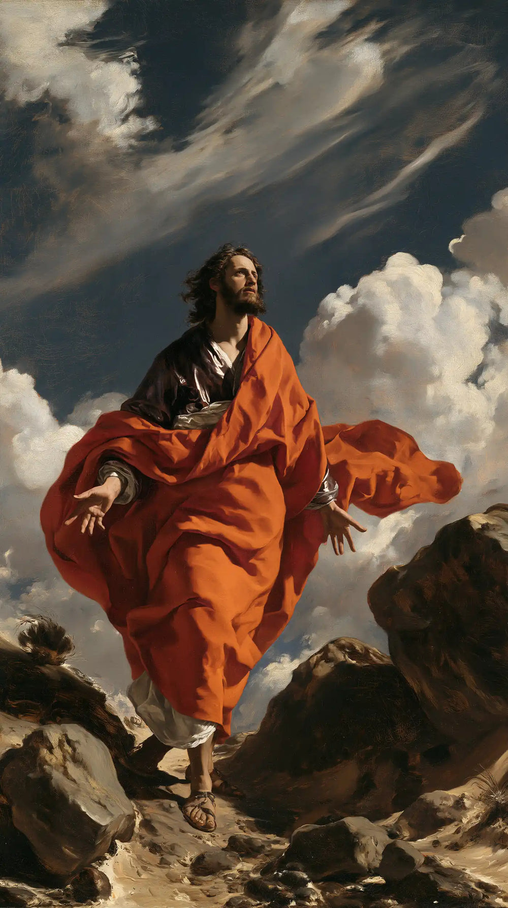 Jesus in the desert during the temptation in Theatrical Baroque style, portrait Christian artwork no. 1