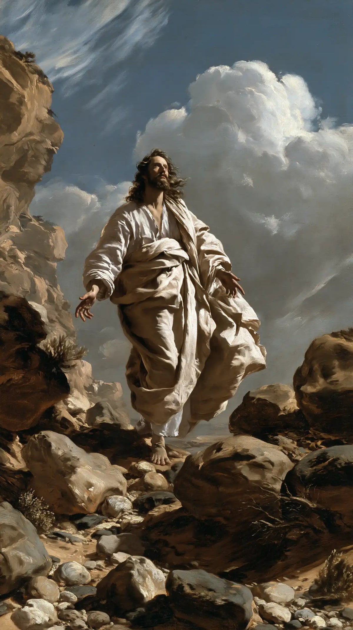 Jesus in the desert during the temptation in Theatrical Baroque style, portrait Christian artwork no. 26