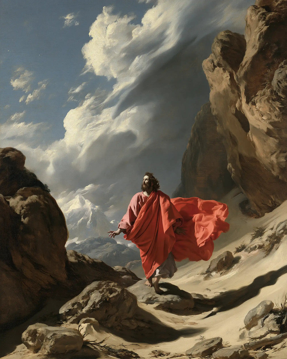 Jesus in the desert during the temptation in Theatrical Baroque style, portrait Christian artwork no. 40