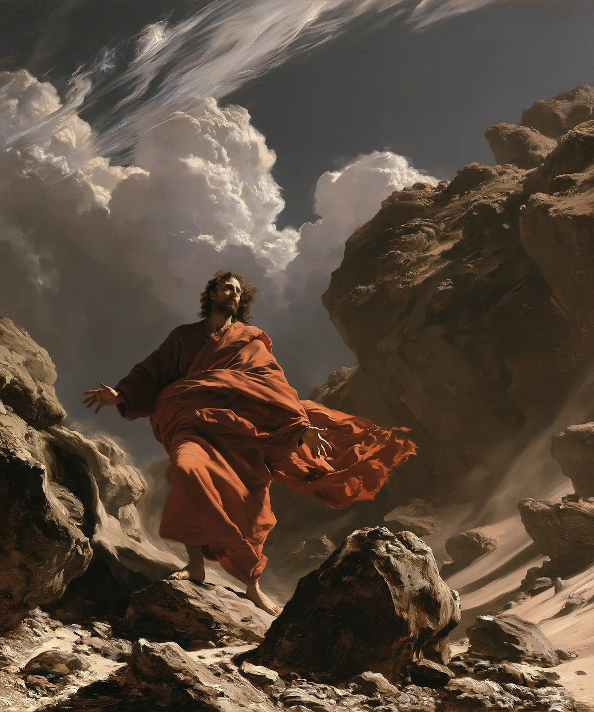 Jesus in the Desert — Rust-Coloured Drapery between the Standing Stones