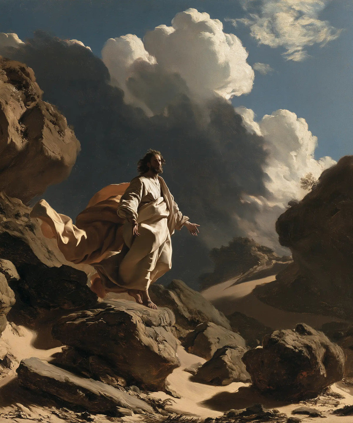 Jesus in the Desert — Linen and Ochre beneath the Mountain of Clouds