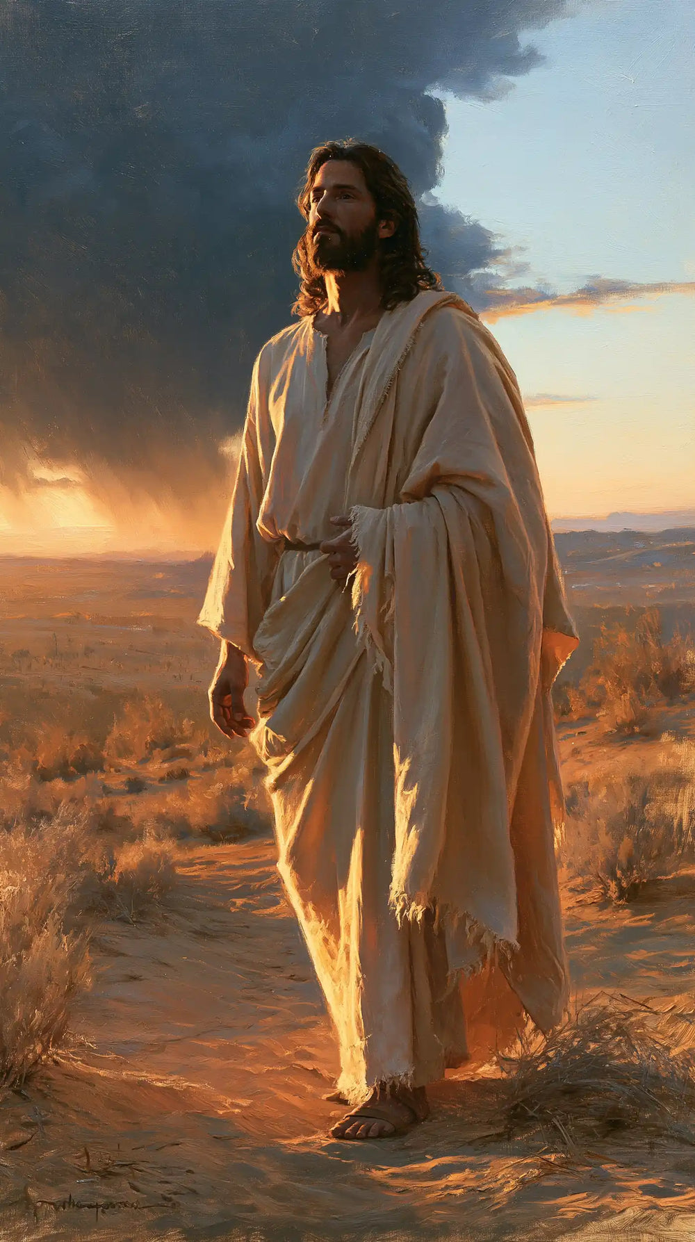 Jesus after his victory over temptation in the desert in Victory Over Temptation style, portrait Christian artwork no. 24