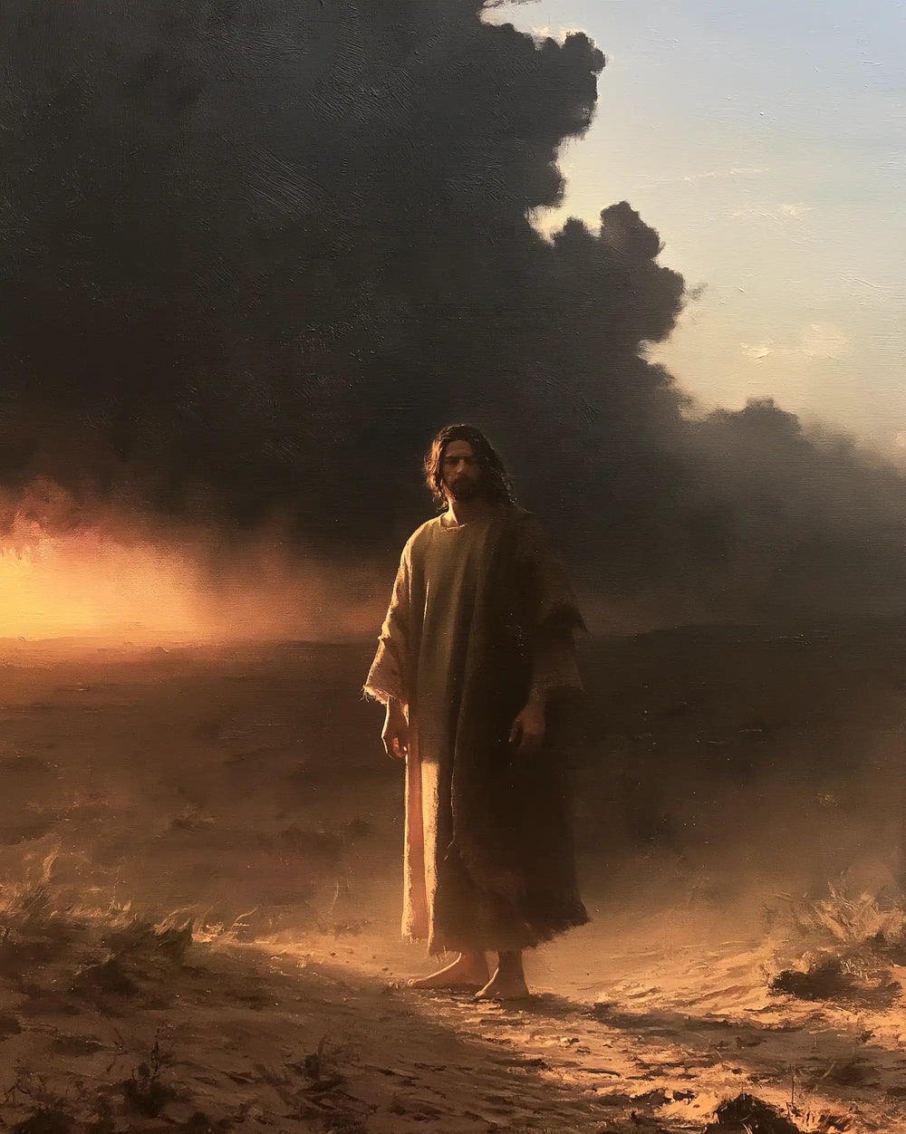 Jesus after his victory over temptation in the desert in Victory Over Temptation style, portrait Christian artwork no. 35