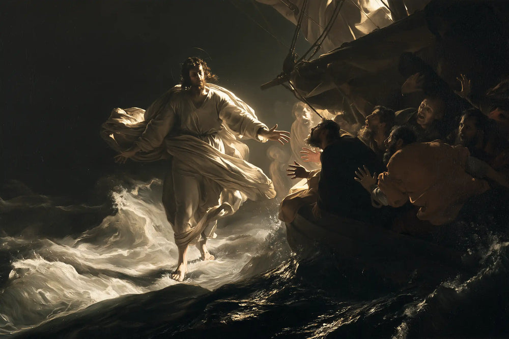 Jesus walking on water in Caravaggio Tenebrism style, landscape Christian artwork no. 9