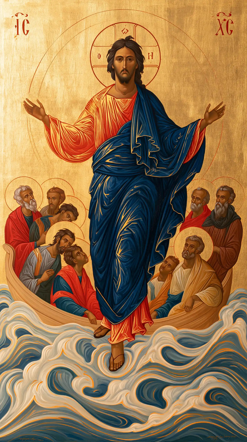 Jesus walking on water in Contemporary Byzantine style, portrait Christian artwork no. 3