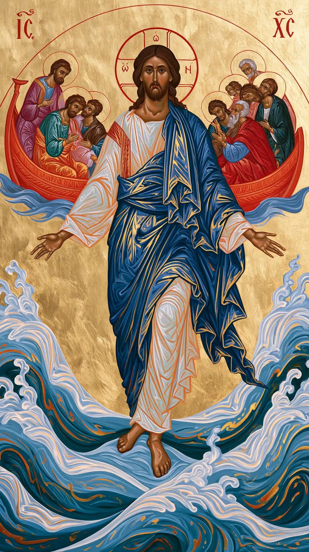 Jesus walking on water in Contemporary Byzantine style, portrait Christian artwork no. 19