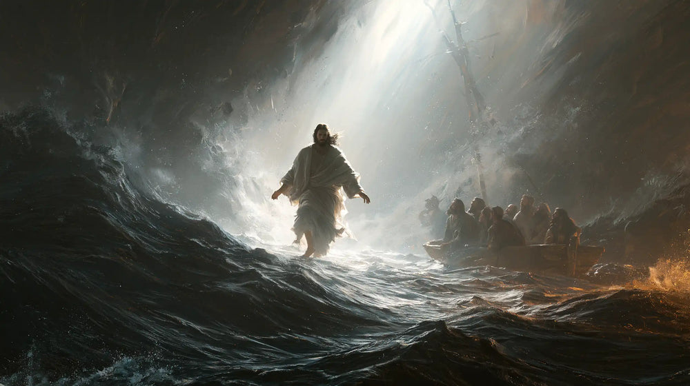 Jesus walking on water in Explosion of Movement style, landscape Christian artwork no. 14