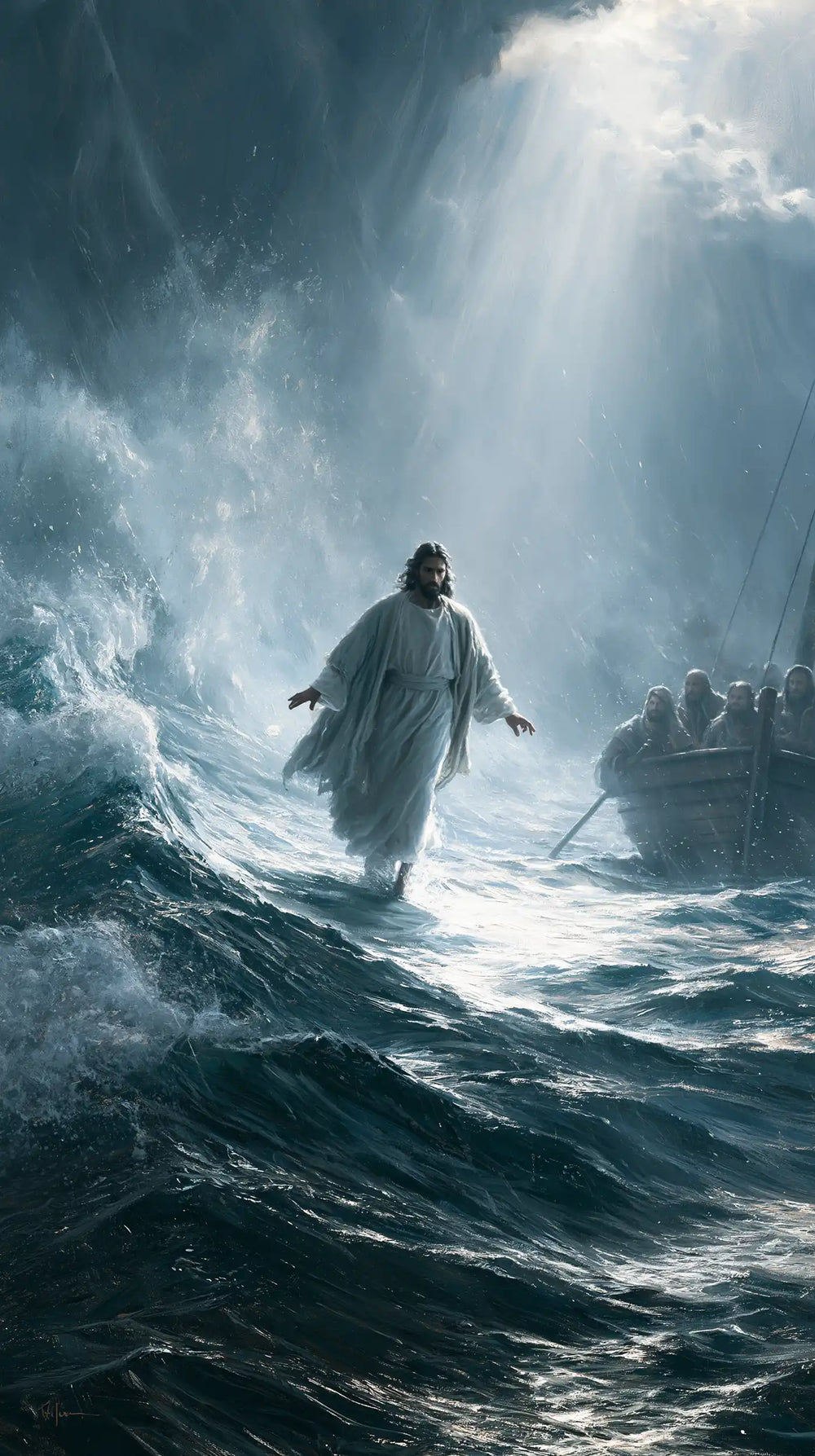 Jesus walking on water in Explosion of Movement style, portrait Christian artwork no. 6
