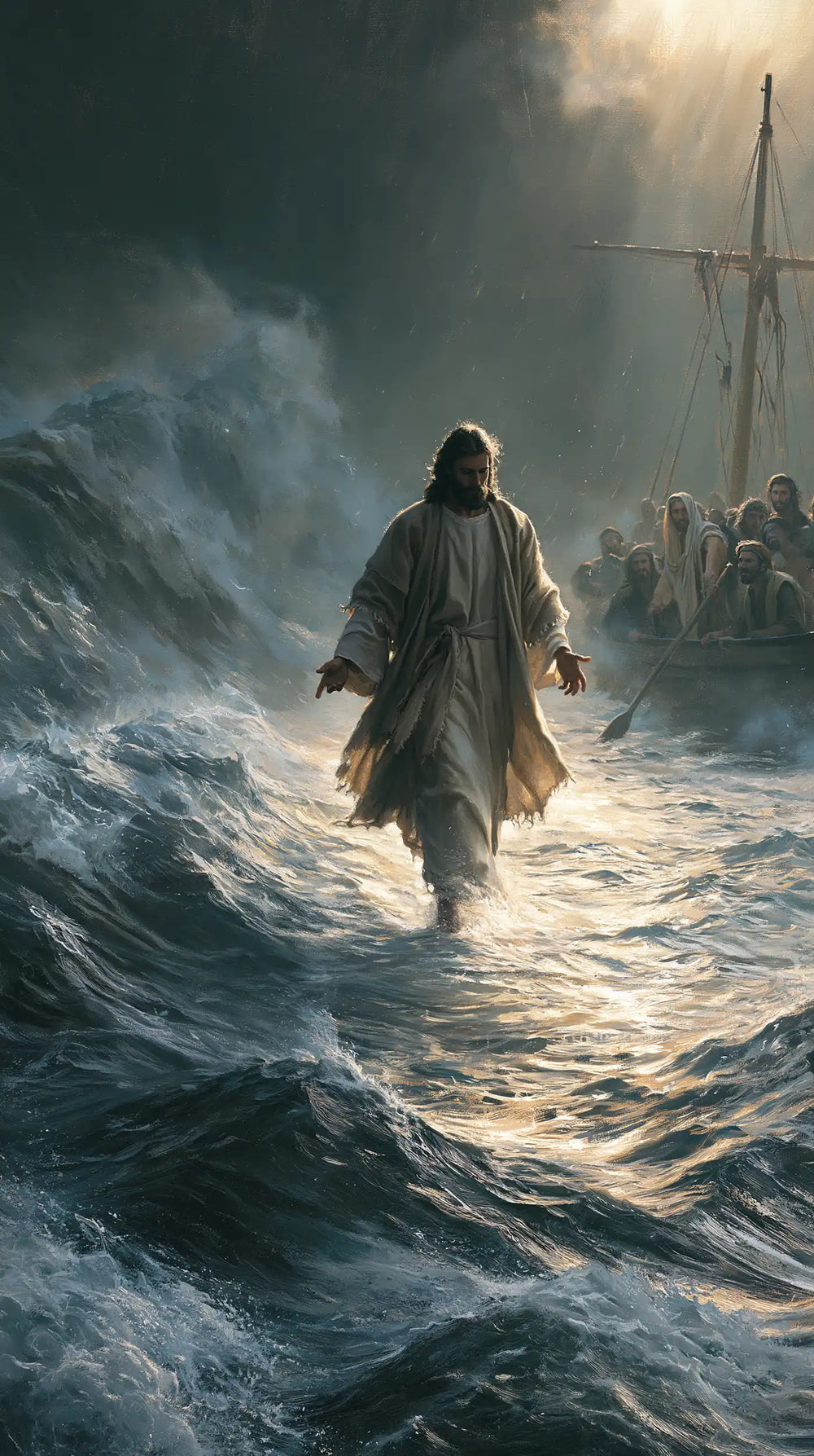 Jesus walking on water in Explosion of Movement style, portrait Christian artwork no. 12