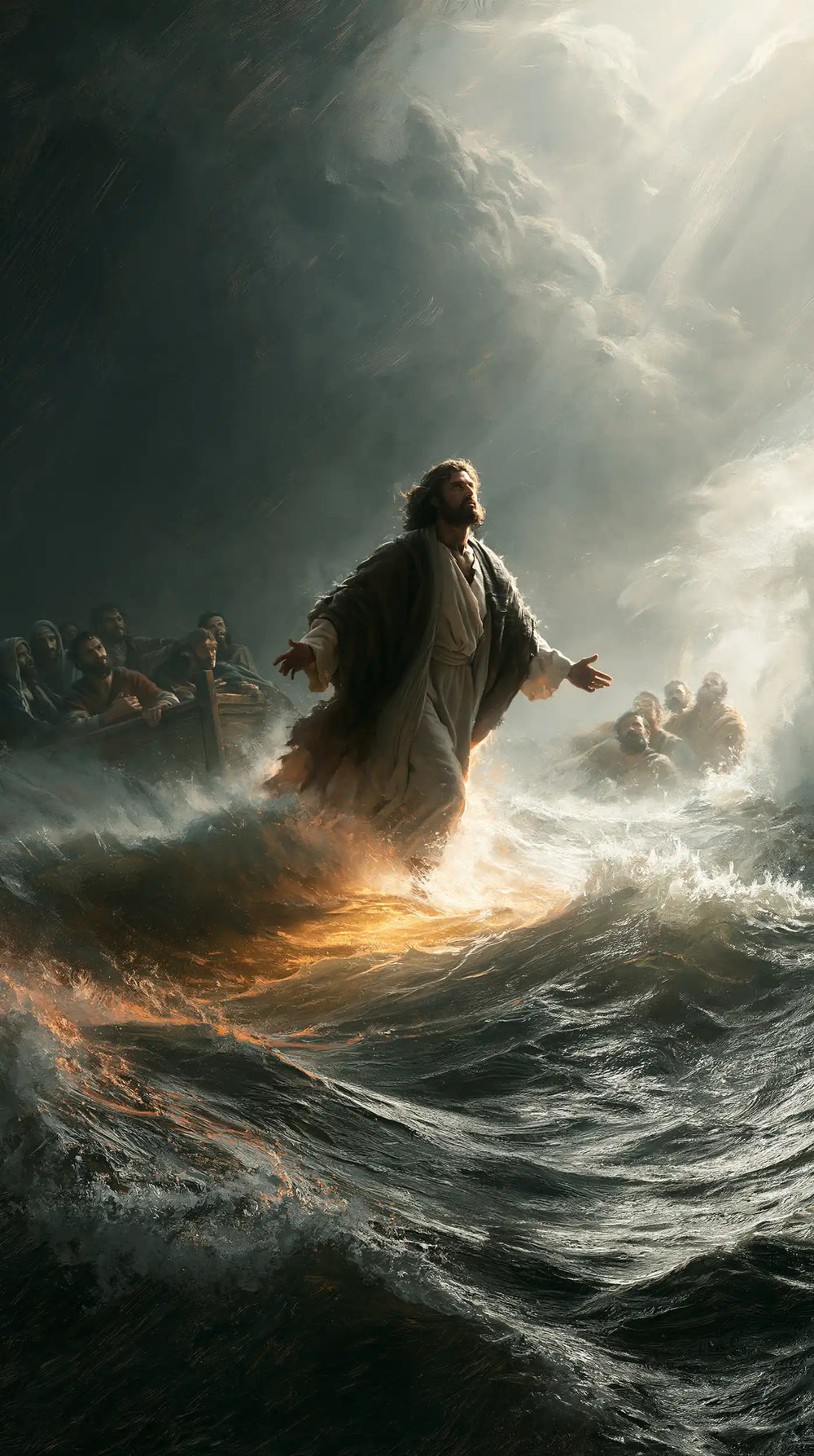 Jesus walking on water in Explosion of Movement style, portrait Christian artwork no. 15