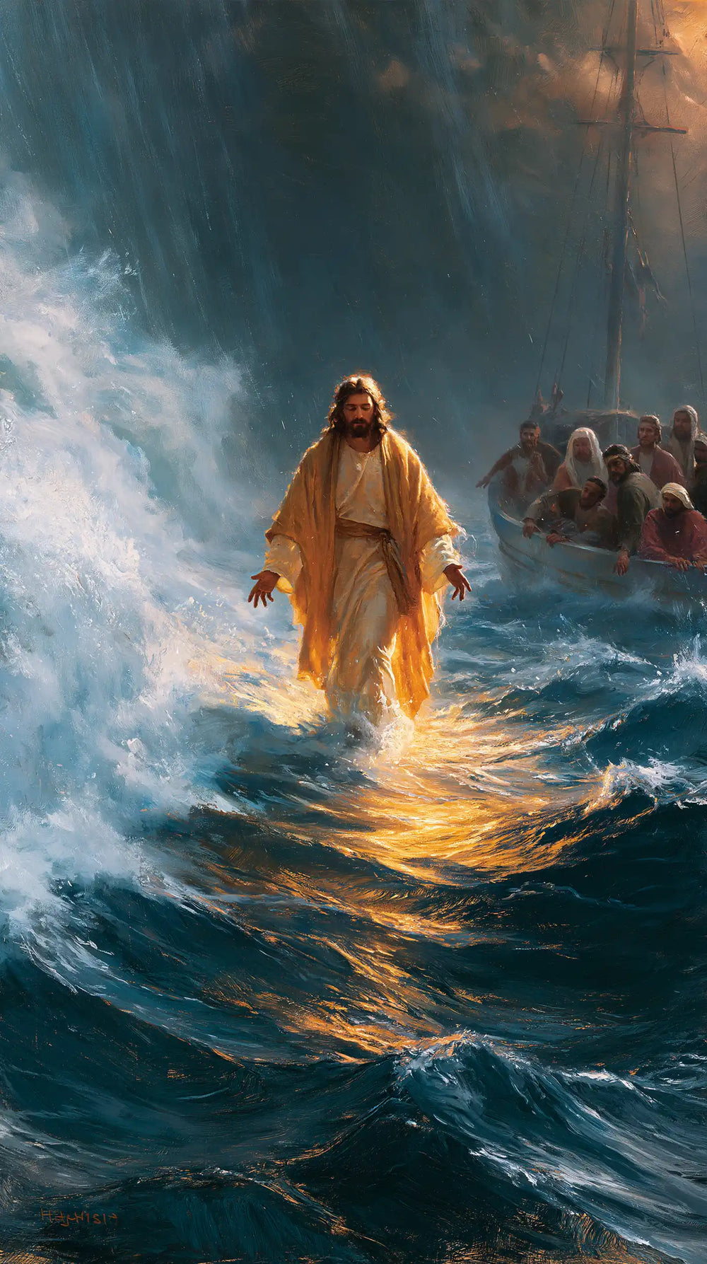 Jesus walking on water in Explosion of Movement style, portrait Christian artwork no. 17