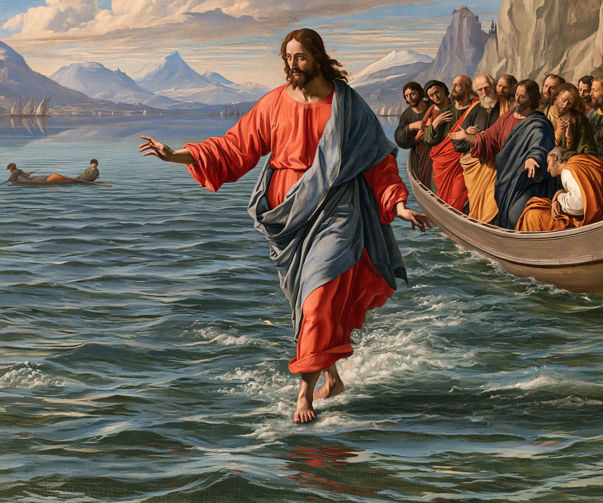 Jesus Walking on Water — Red above the Quiet Reflection