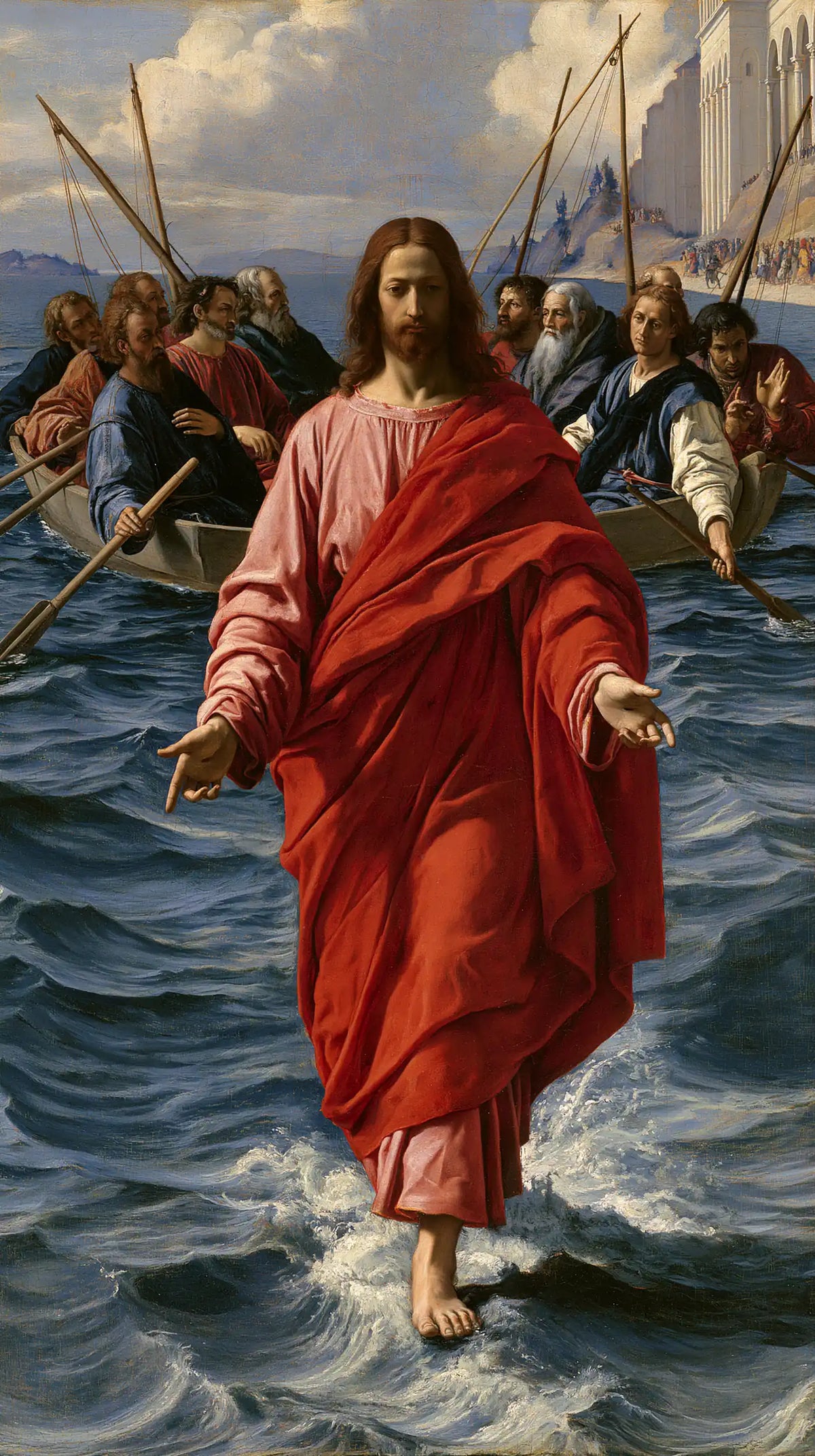Jesus Walking on Water — Peaceful Red before the Masts