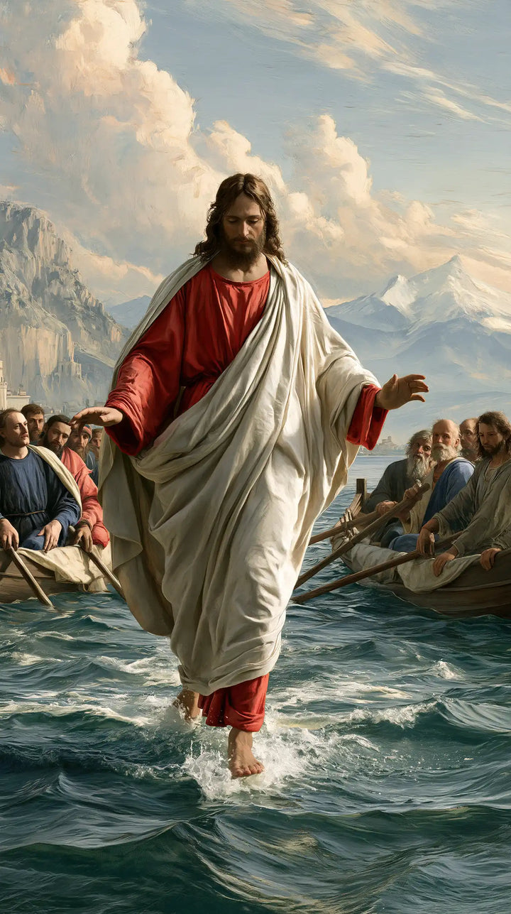 Jesus Walking on Water — Draped White before Snowy Peaks