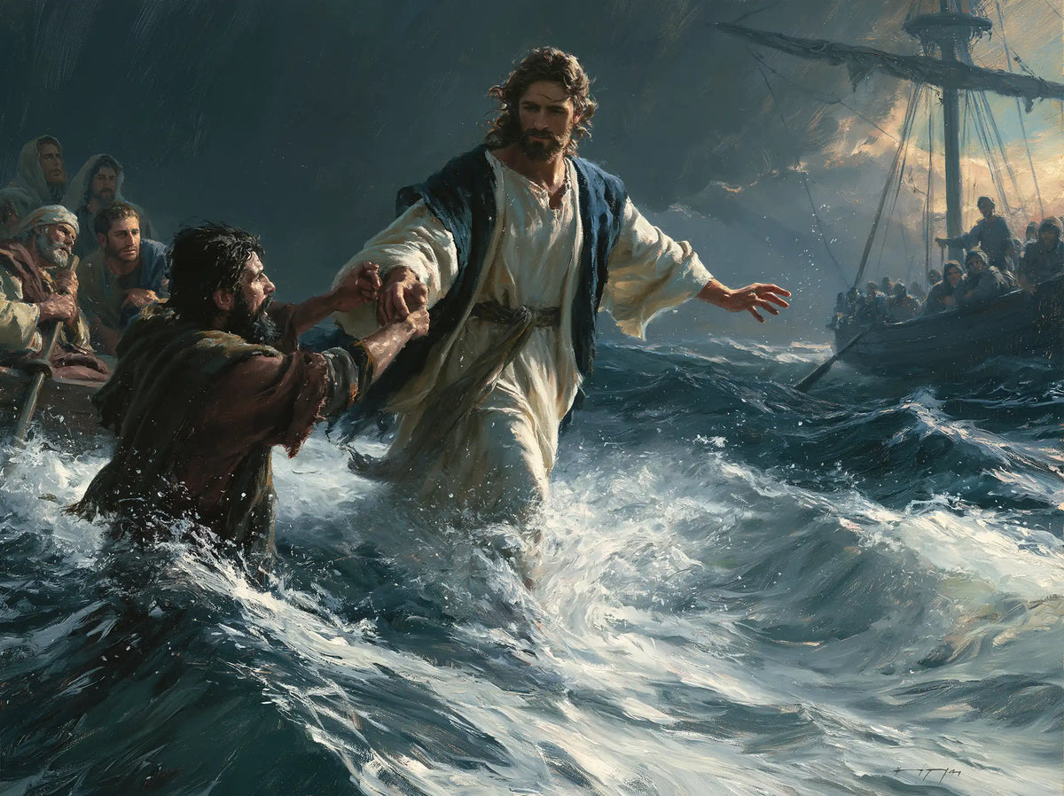 Jesus walking on water and saving Peter in Jesus Saves Peter style, landscape Christian artwork no. 7