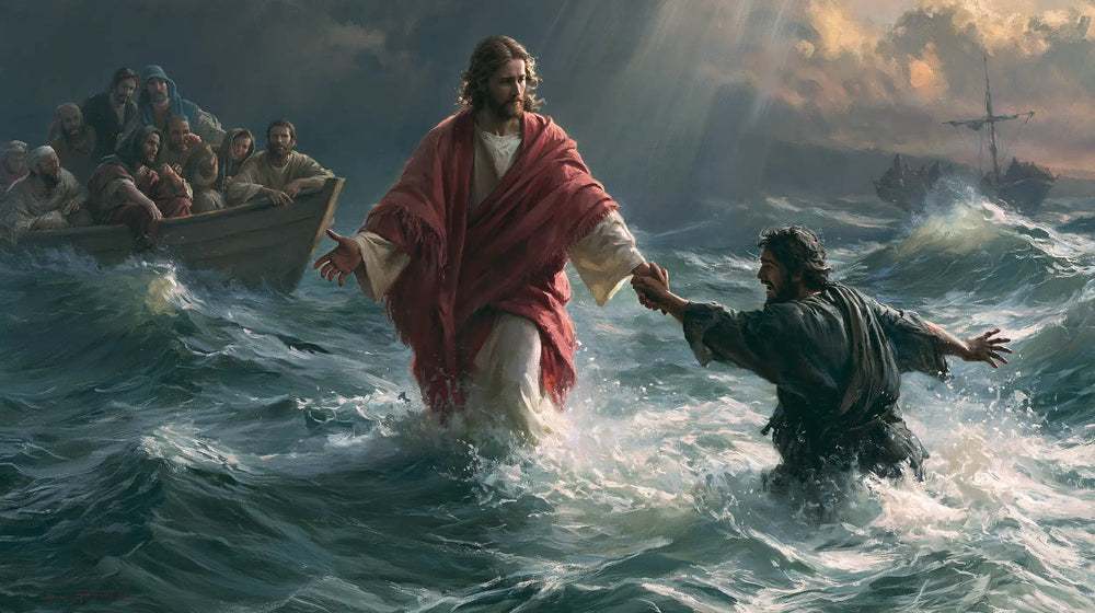 Jesus walking on water and saving Peter in Jesus Saves Peter style, landscape Christian artwork no. 13