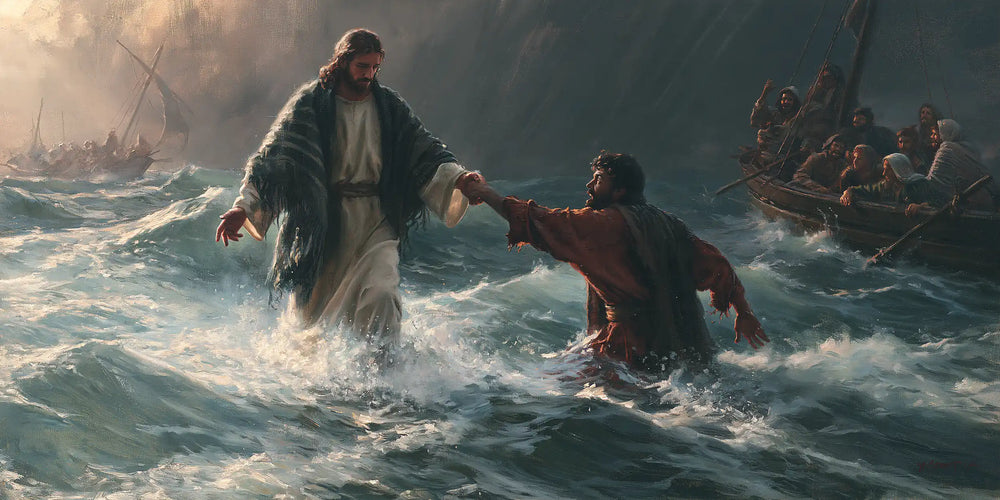 Jesus walking on water and saving Peter in Jesus Saves Peter style, landscape Christian artwork no. 18