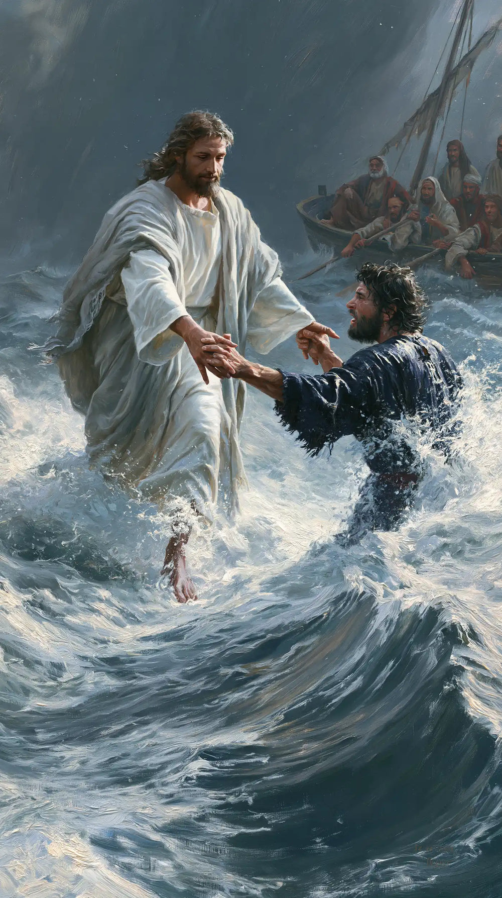 Jesus walking on water and saving Peter in Jesus Saves Peter style, portrait Christian artwork no. 8