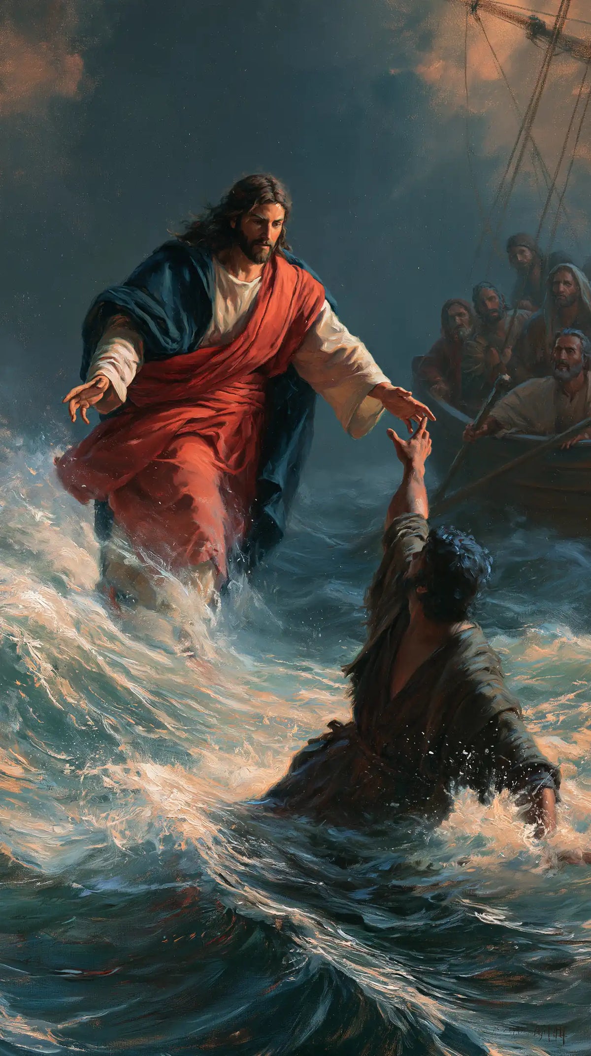 Jesus Walking on Water — The Arm Raised toward the Red Cloak