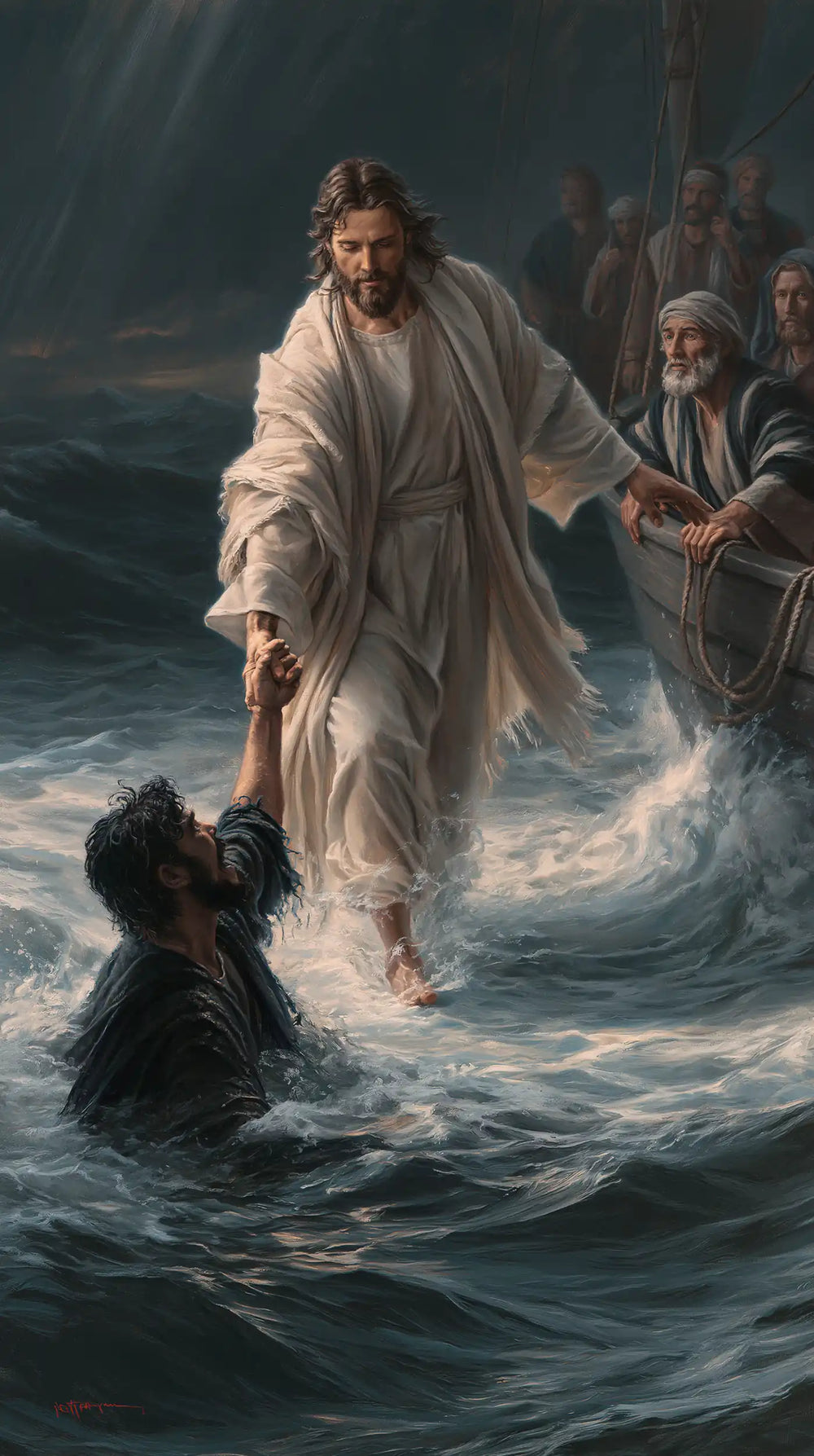 Jesus walking on water and saving Peter in Jesus Saves Peter style, portrait Christian artwork no. 15