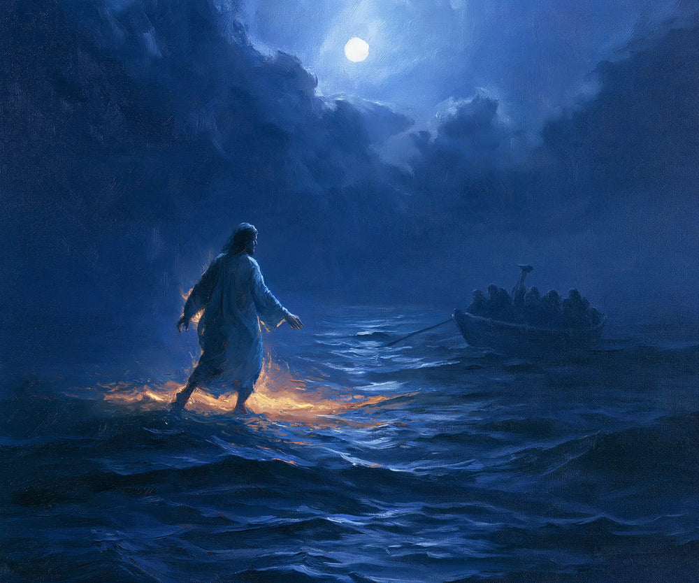 Jesus walking on water in Midnight Blue Chiaroscuro style, landscape Christian artwork no. 1