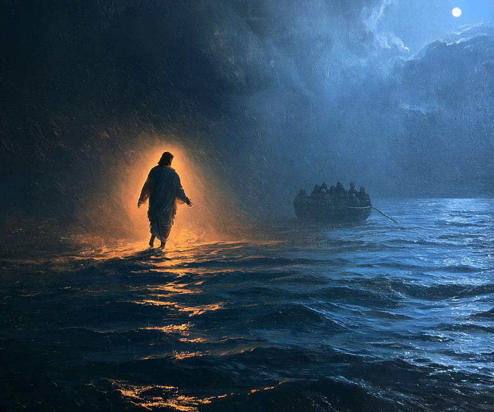 Jesus walking on water in Midnight Blue Chiaroscuro style, landscape Christian artwork no. 4